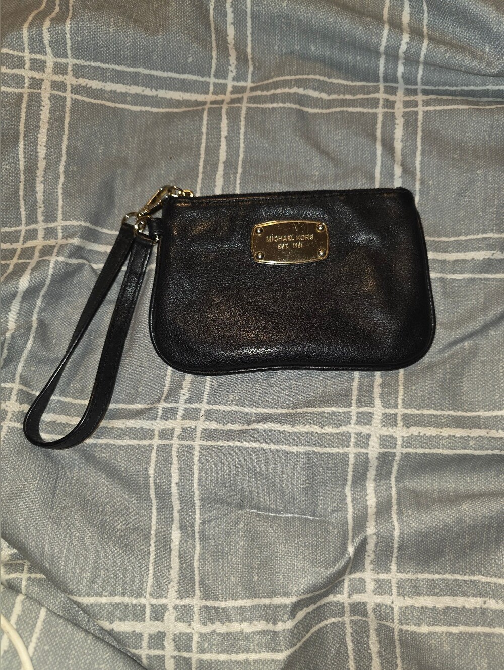 MICHAEL Michael Kors Black Leather Wristlet with Gold Plate